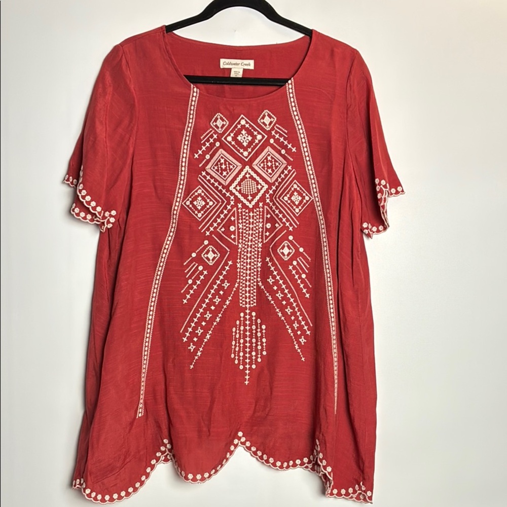 Coldwater Creek Embroidered Geometric Bohemian Terracotta Blouse